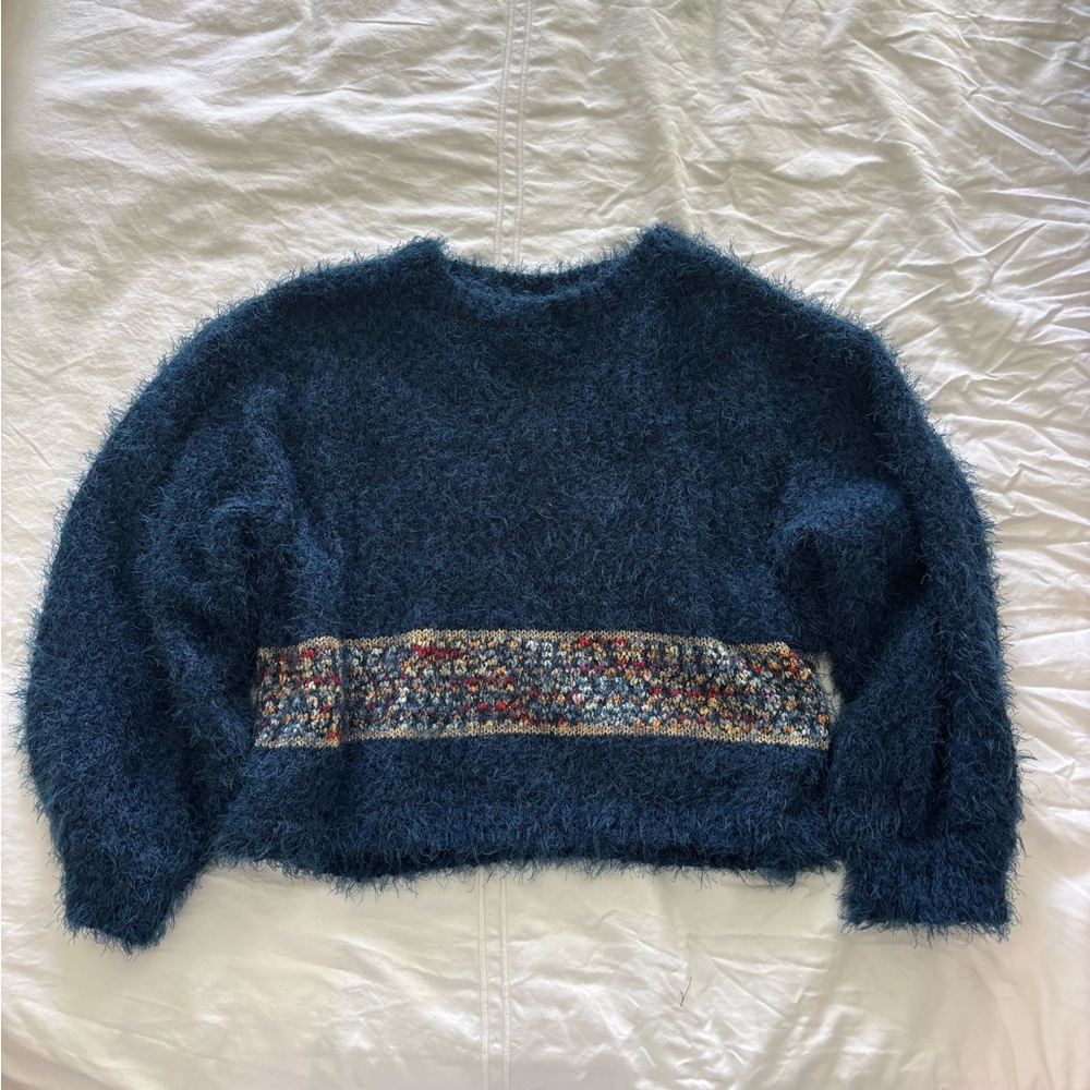 Alga Fuzzy Blue Cropped Sweater with Colorful Knit Stripe Size Small